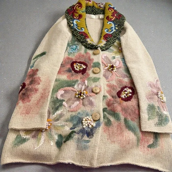 Anthopologie Sleeping On Snow Sweater Coat Hand Painted Poppies Size Medium - Picture 9 of 16